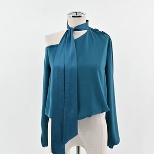 RAMY‎ BROOK Womens Seneca Top Size XS Teal Draped Off Shoulder Neck Tie Blouse